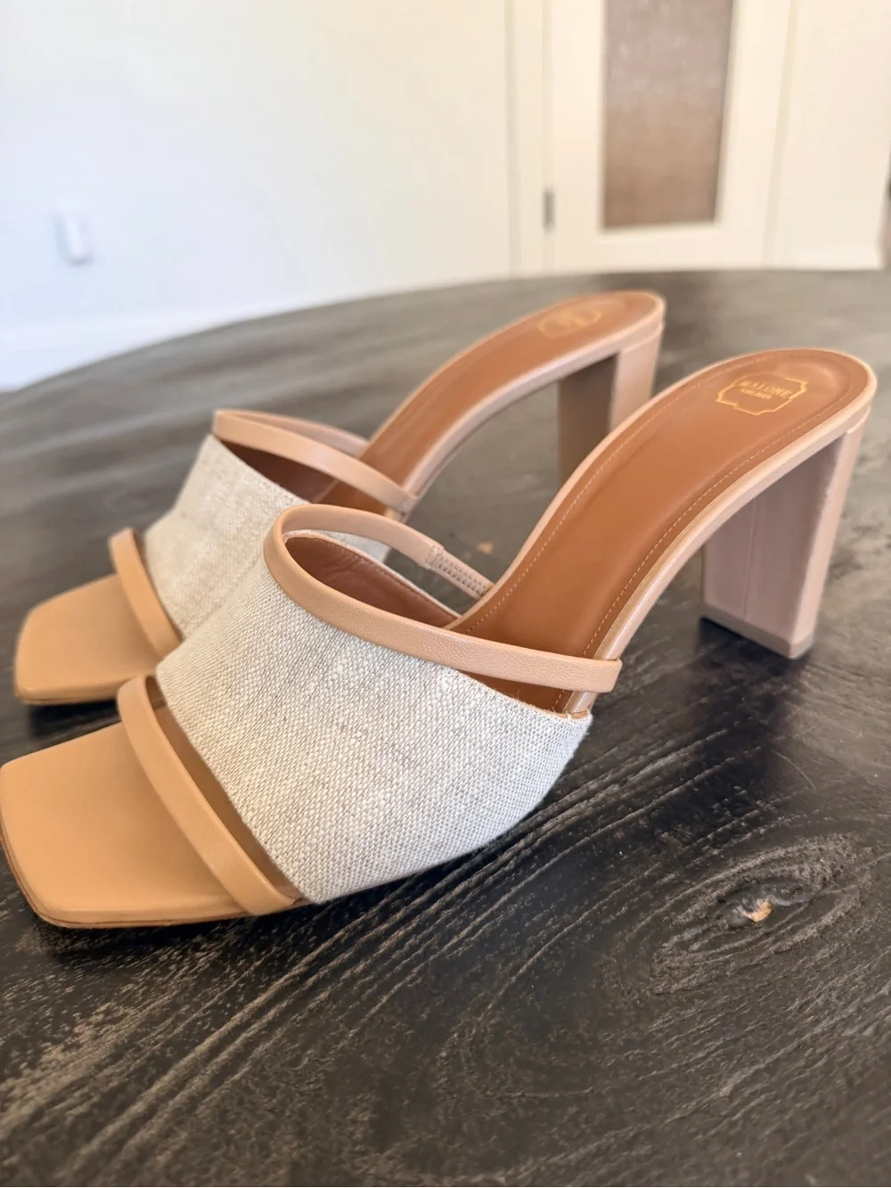 Malone Souliers Demi Linen & Tan Block Heel Mule Slide 42